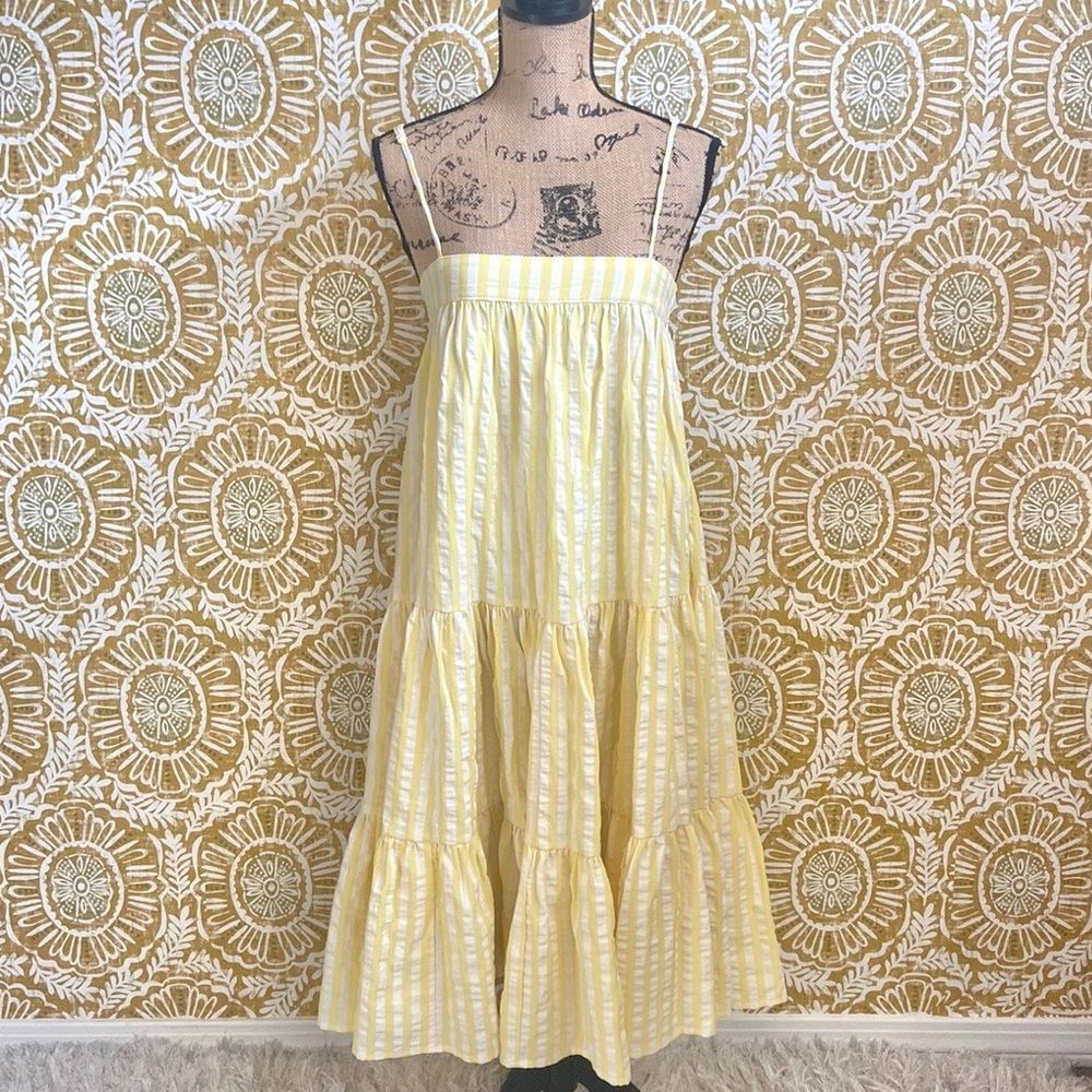 Anthropologie KOURT Yellow Striped Spaghetti Strap Tiered Midi Dress size XS